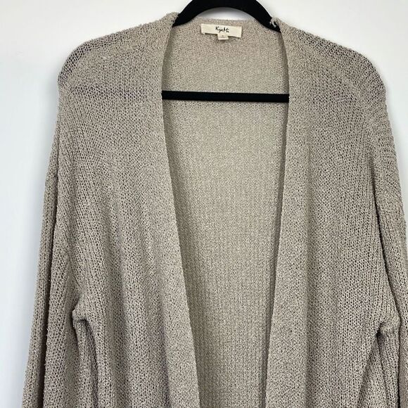 Kye Mi Women's Knitted Open Front Bishop sleeve Long Cardigan Sweater Tan Small - Picture 4 of 11